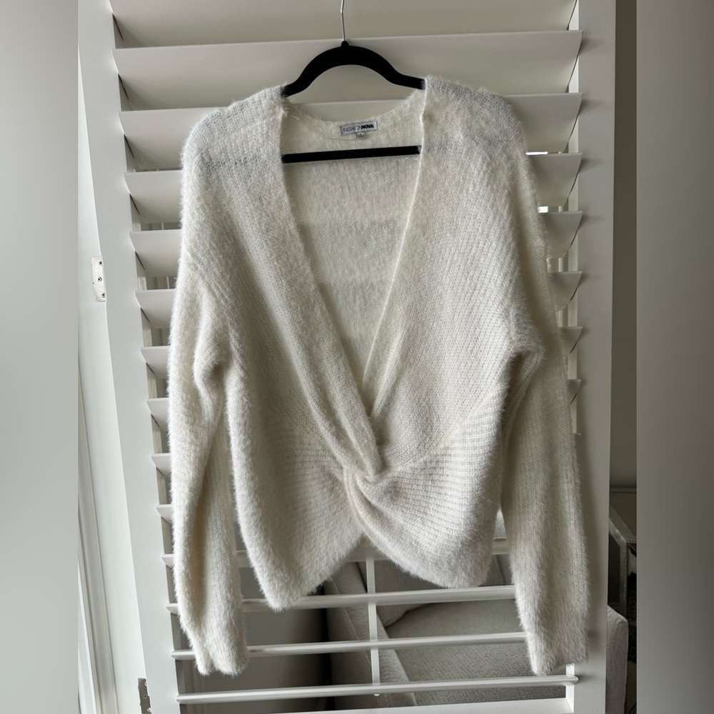 Fashion Nova Deep In Love Sweater Ivory Cream Fluffy Knot Front Cropped LIKE NEW